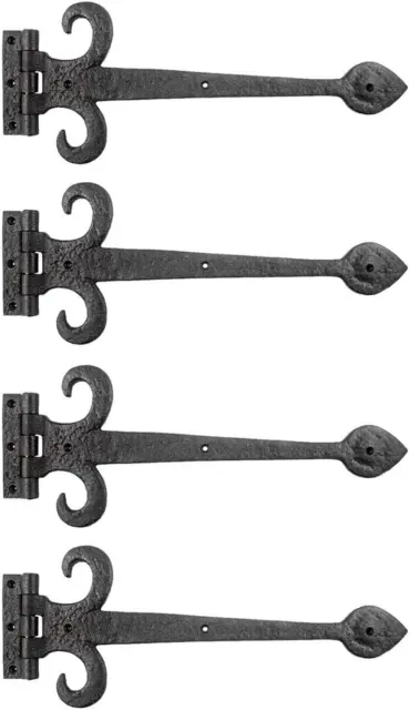 Gate Hinges 15.5 In. Black Wrought Iron Fleur De Lis Style Strap Hinges for Gate