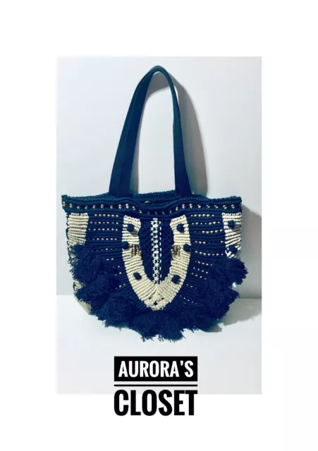 Cleobella Menorca Tote Handwoven Macrame Bag Pom Pom $250 2