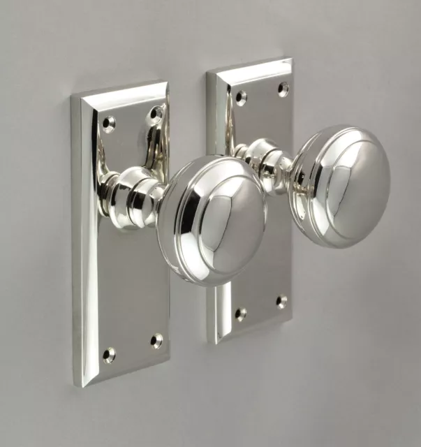 DOOR KNOB PAIR-MILTON SHORT BACK PLATE-POLISHED NICKEL-Tradco-INTERNAL-Hamptons