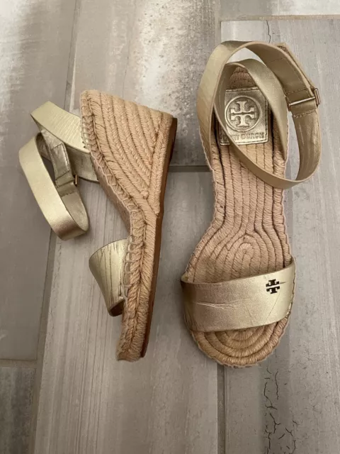 Tory Burch Size 6 Bima Espadrille Ankle Leather Sandals Gold