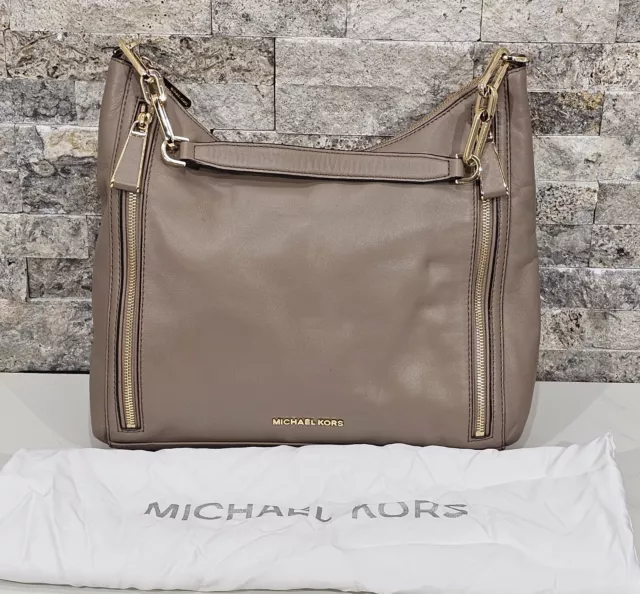 Michael Kors Matilda Shoulder Bag Taupe Leather Hobo Purse Chain Strap Dust Bag