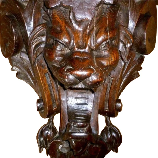 FRENCH ANTIQUE CARVED WOOD OAK DECOR PEDIMENT DEVIL SATAN circa 19th 40 x 36cm 2