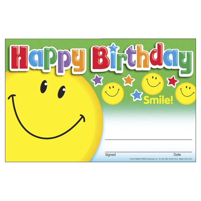 TREND ENTERPRISES HAPPY Birthday Smile Recognition Award, Pack of 30 ...