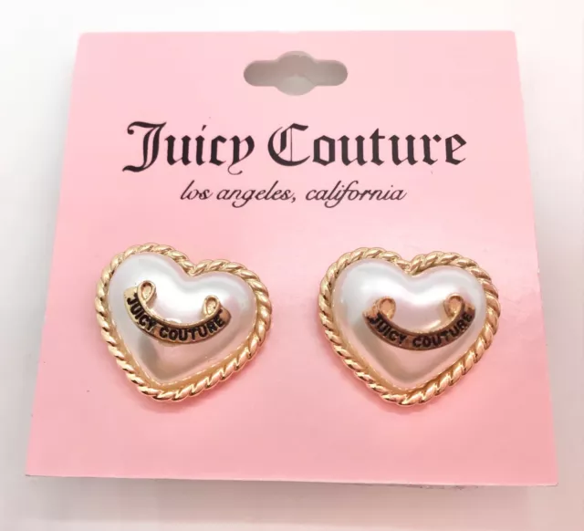 New Juicy Couture Heart Gold tone Faux Pearl Stud Earrings for Pierced Ears 