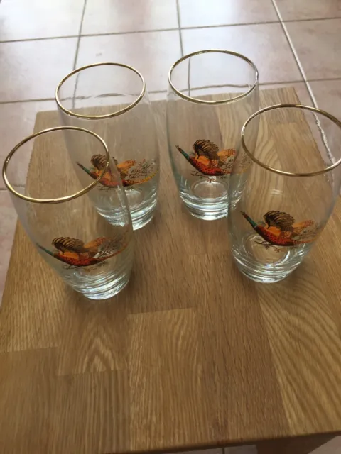 Vintage Highball Pheasant Glasses With Gold Rims. 1960’s 1970’s