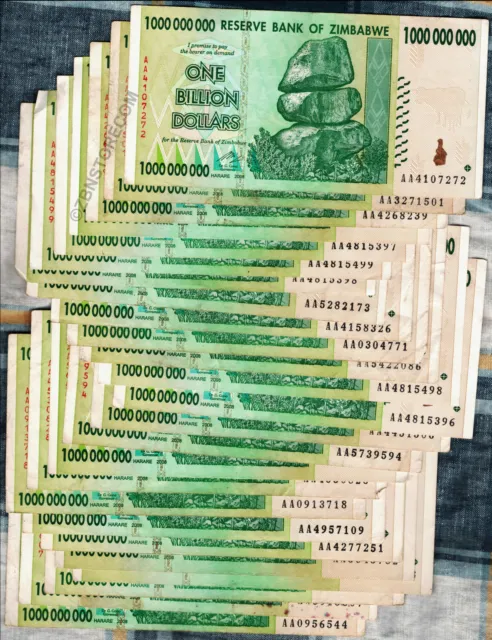 1 Billion Zimbabwe Dollars x 25 Banknotes AA 2008 100% Authentic Guaranteed COA