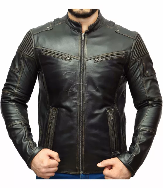 Giacca in pelle effetto invecchiato stile biker vintage da uomo moto cafe racer
