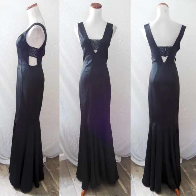 NEW BLACK Ribbed TEXTURED Plunge Neck LACE Panel CUT OUT Evening MERMAID GOWN S