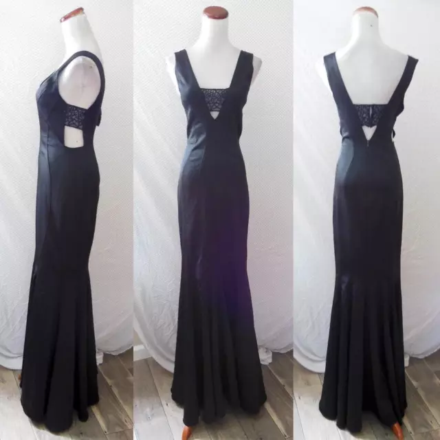 NEW BLACK Ribbed TEXTURED Plunge Neck LACE Panel CUT OUT Evening MERMAID GOWN S NEW BLACK Ribbed TEXTURED Plunge Neck LACE Panel CUT OUT Evening MERMAID GOWN S