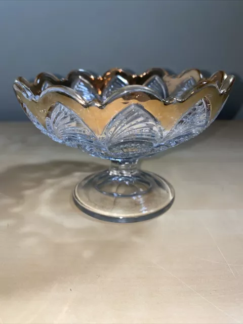 Vintage Glass Pedestal Candy Bowl Bulls Eye and Fan Clear w/ Gold Trim Bowl