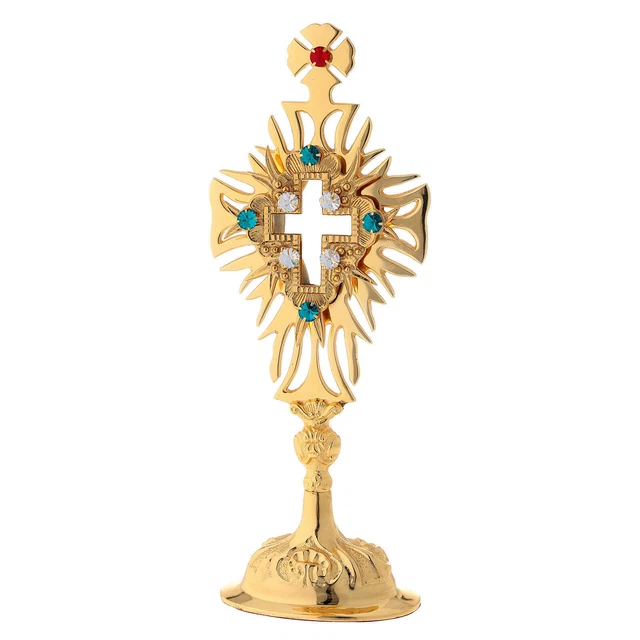 Reliquiario ottone dorato cristalli croce adornata altezza 30 cm