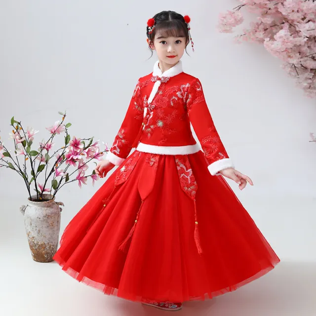 Kids Girls Embroidered Fleece Liner Cheongsam Dress Chinese New Year Tang Suit
