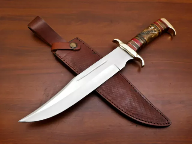 Custom Hand Made D2 Blade Clip Point Bowie Hunting Knife- Camel Bone/Wood