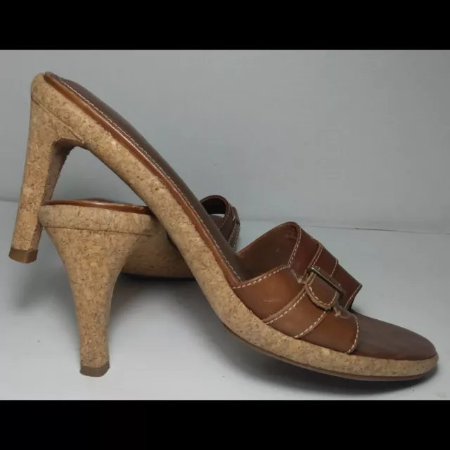 Lauren Ralph Lauren Heddy Brown Leather And Cork Open Toe High Heels 9B *Great*