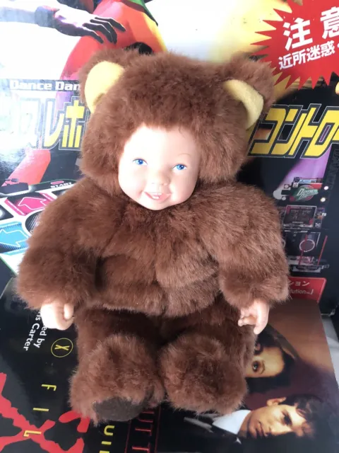Vintage Anne Geddes Collectable Smiling Baby Doll Bear Plush 1997 Dark Brown