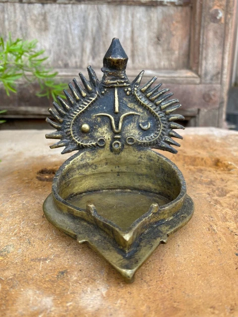 Antique South Indian Handcrafted Lord Vishnu Sun Moon Carved Brass Oil Lamp