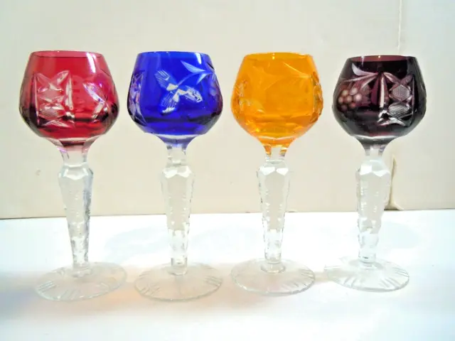 Set of 4 Colorful Bohemian Czech Crystal Vtg Cordial Glasses,Color Cut to Clear
