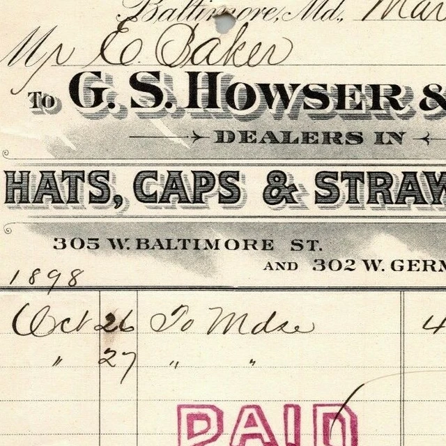 1899 Letterhead - G.S. Howser Hats Caps Straw Goods Baltimore Ephraim Baker*