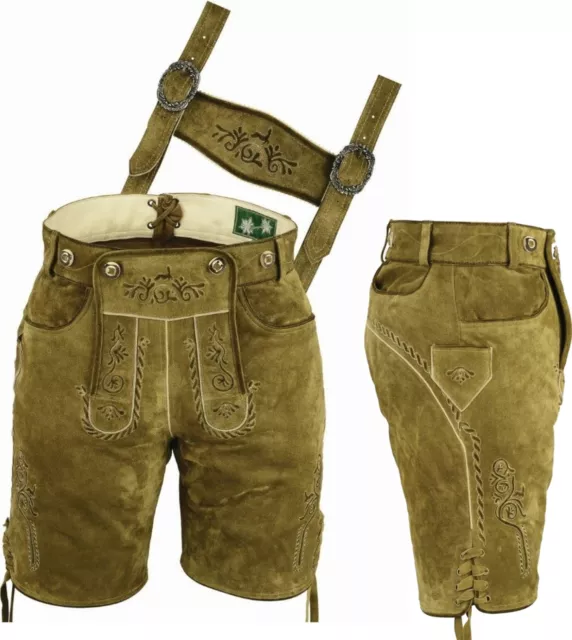 kurze Trachtenlederhose + Träger + plastische Bestickung Lederhose sand-beige