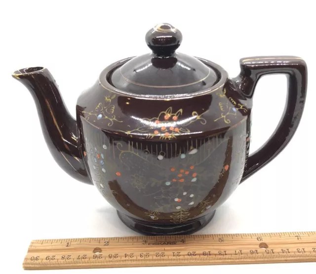 Vintage Dark Brown Glazed Teapot Hand Painted Flowers Gold Trim Made In Japan 6"