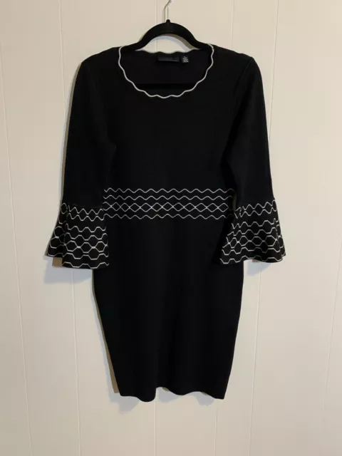 Nina Leonard Bell Sleeve Scallop Neck Knit Sweater Dress Black Size Small S
