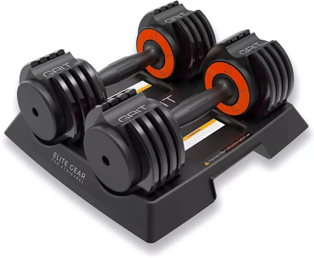 GRIT Elite 2.5 - 12.5 LB Adjustable Dumbbells - Pair of 2 Dial Weights with Tray