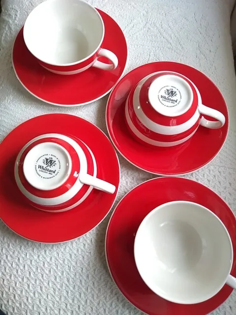 Whittard Of Chelsea Hand Painted Red & White Striped Teacup and Saucer Set Of 4