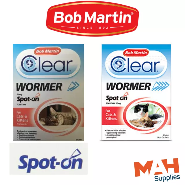 Cat Wormer Spot-on Bob Martin Clear 2 or 4 Tube Packs for Cats & Kittens