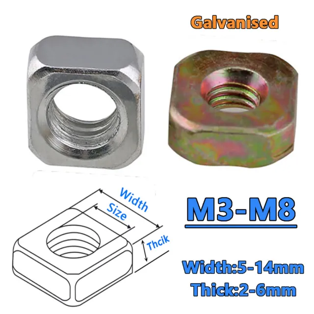 M3 M4 M5 M6 M8 Square Nut Nut Thin Type Zinc Plated Metric for Bolt Screw DIN557