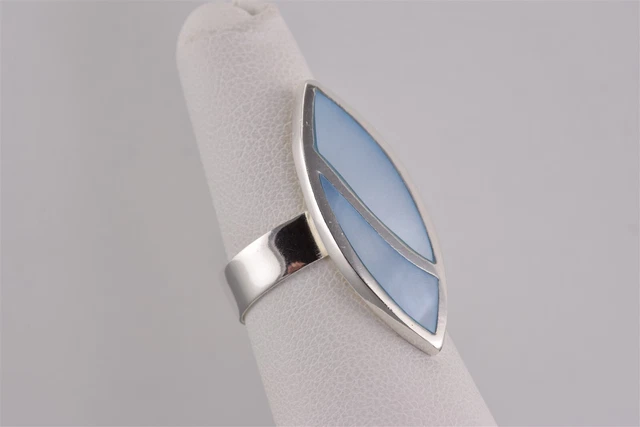 Sterling Silver Mosaic Blue Mother of Pearl Inlay Statement Band Ring 925 Sz: 6