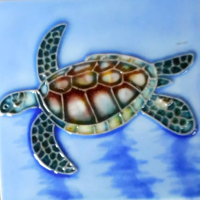 Turtle hand painted ceramic art tile coaster 4 x 4 inches with back
