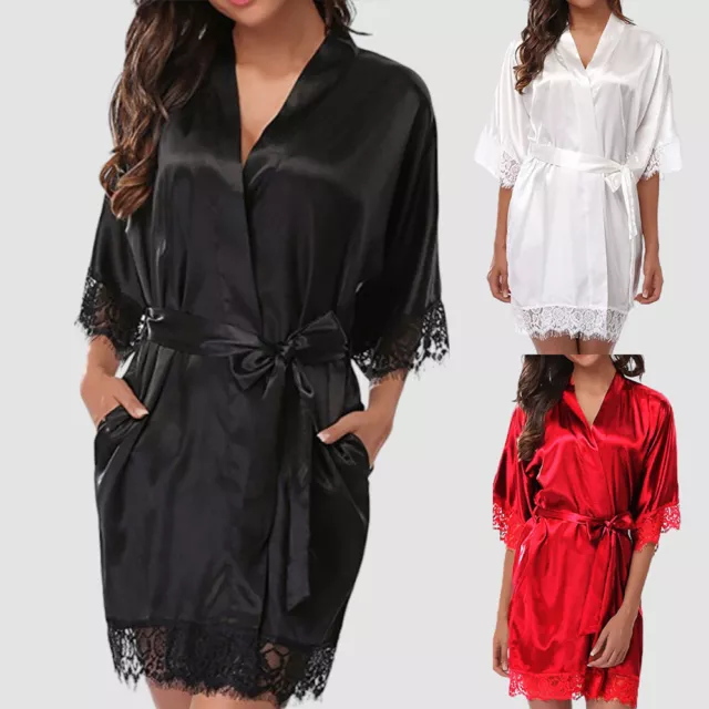 Women Lace Satin Silk Lingerie Nightdress Ladies Sexy Wrap Dress Gown Night Robe