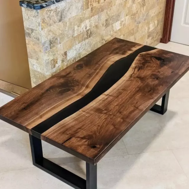 Black Resin coffee table with live edge solid wood epoxy artistic tabletop