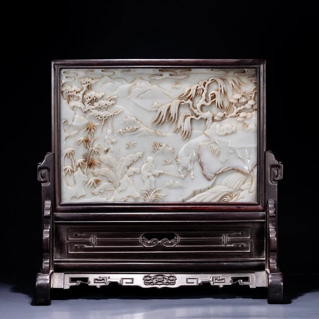 Chinese Exquisite Handmade Figures carving Inlaid Hetian Jade Wood Screen