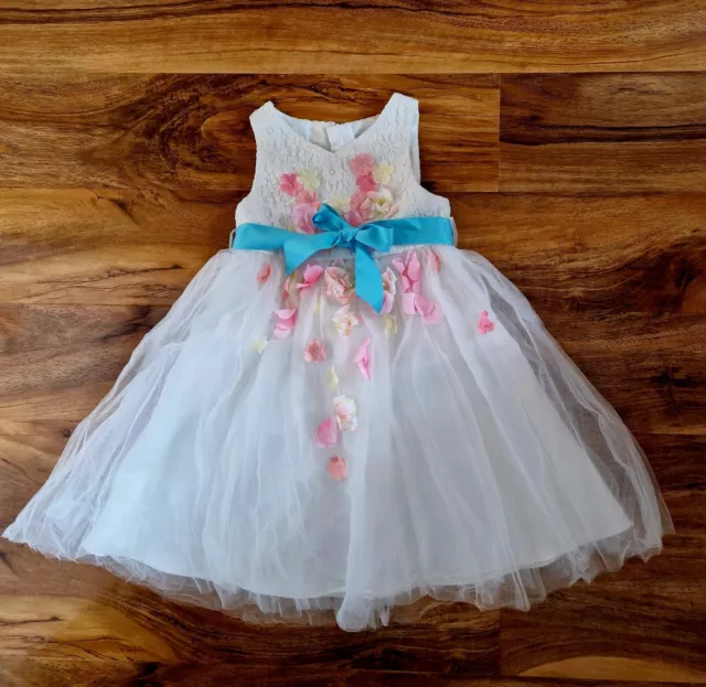 Abito da festa Monsoon Designer per ragazze organza bianca con fiori e nastro età 3 anni