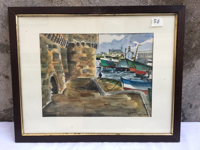 Acquerello Quadro Porto Barche Mare Castello Firmato 1975 Dipinto Originale