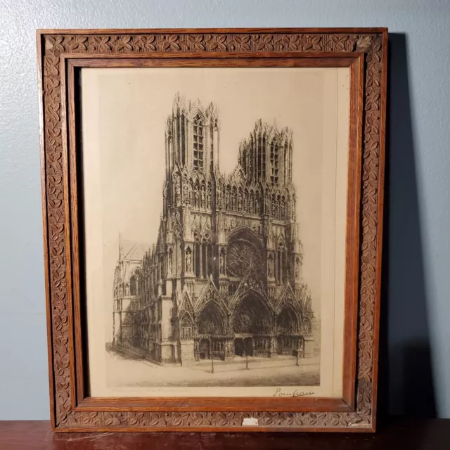 Antique Framed Signed Etching of Reims Cathedral by Pouteau  11 1/2" x 9 5/8"