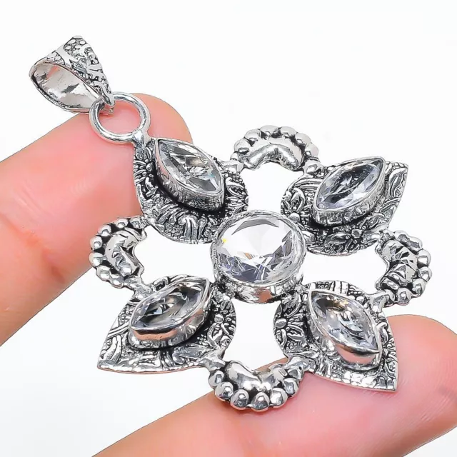 White Topaz Gemstone Handmade 925 Sterling Silver Jewelry Pendant 2.36"