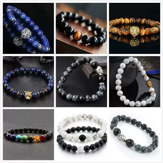 Men Women Natural Gemstone Beads Lava Rock Stone Bracelet Lion/Buddha Head Bead