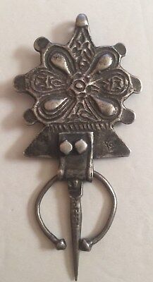 Very Large Antique Morocco Fibula Berber Coin Reales Silver Pendant  Over 4"