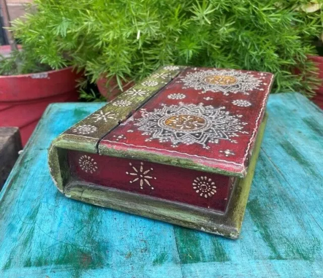 Antik Holz Handgefertigt Buch Stil Schmuckkästchen Mit Indisch Folk Kunst Auf