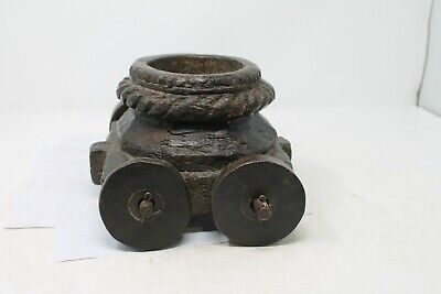 Antique Old Hand Carved Wooden Tribal Holy Bhasma / Ashes On Wheels Box NH6332