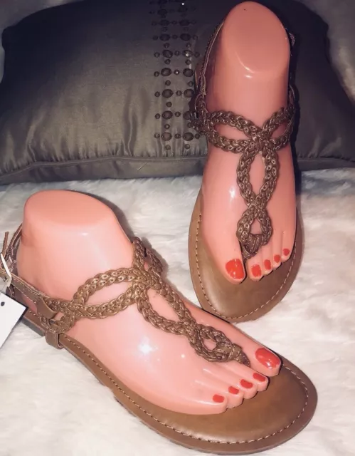 Merona Women Brown Tan Braided T Strap Flat Sandals size 11 NWT
