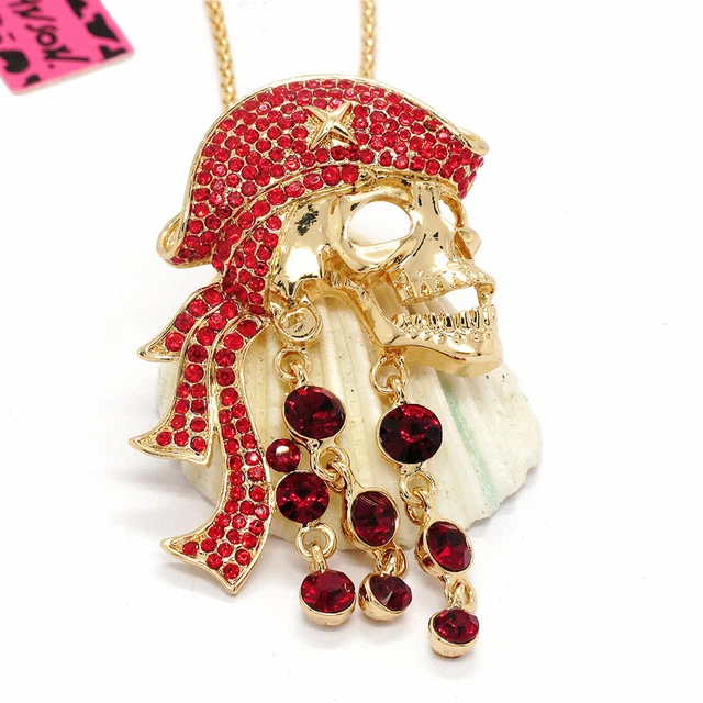 Hot Red Rhinestone Pirate Skull Crystal Pendant Betsey Johnson Chain Necklace