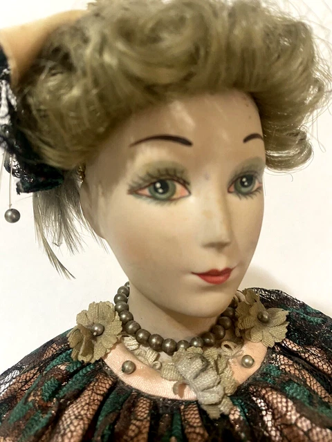 Vtg Porcelaine Bisque Victorian Lady Lace Satin Large Antique Pincusion