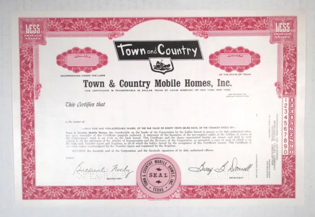 NY. Town & Country Mobile Homes, Inc., 1969. 100 Shrs Specimen Stock Cert, XF