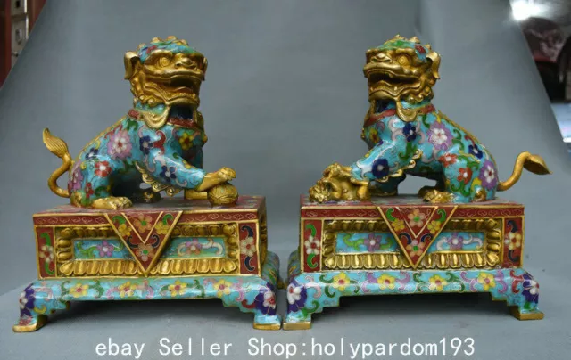 10" Old Chinese Bronze Cloisonne Fengshui Foo Fu Dog Guardion Lion Statue Pair