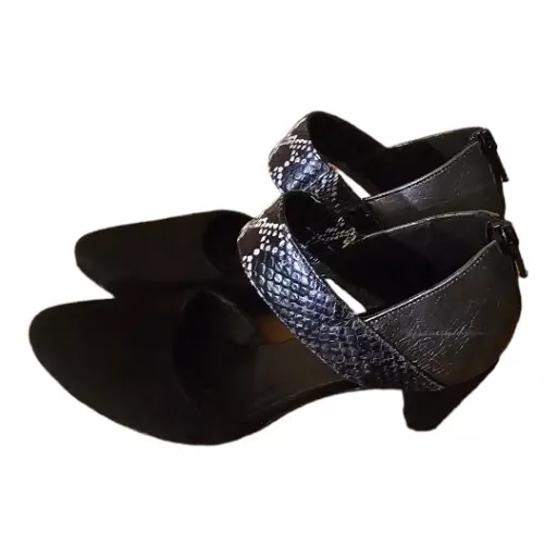 Sesto Meucci Women's SZ 5M Black Leather & Snake Print Ankle Strap Pumps