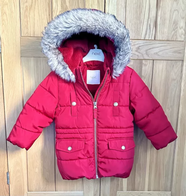 NEXT Hooded Coat / Puffer Jacket Baby Girl 12-18 months/ Red Burgundy FauxFur 🌷