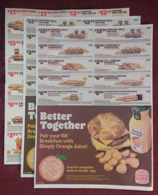 (40) BURGER KING Coupons, Exp. 12/31/2025 & 1/14/2025, 3 sheets 2.99